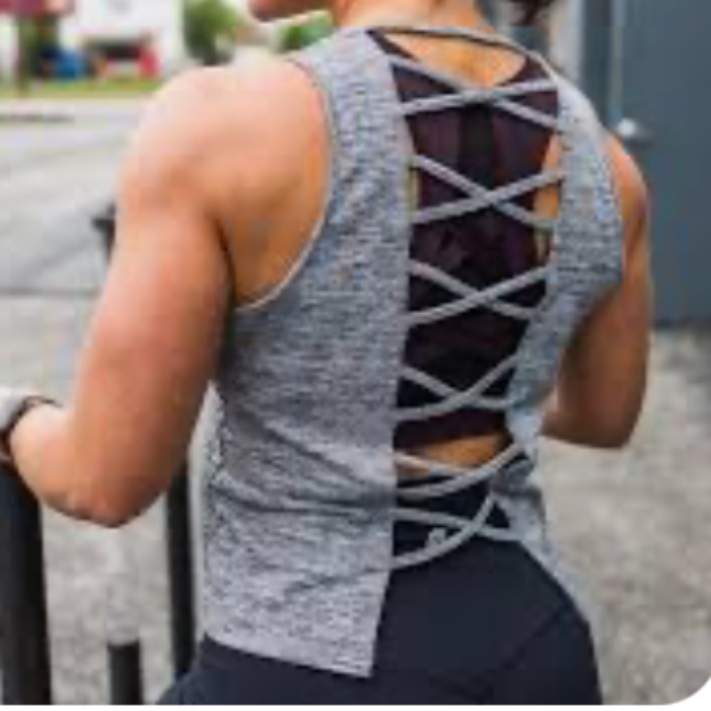 EUC Born Primitive Lattice Back Crop Top - Large Heather Gray